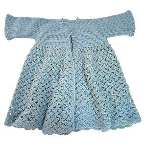 Vintage 50s Infant Handmade Blue Crochet Baby Dress Coat Cardigan With Open Knit